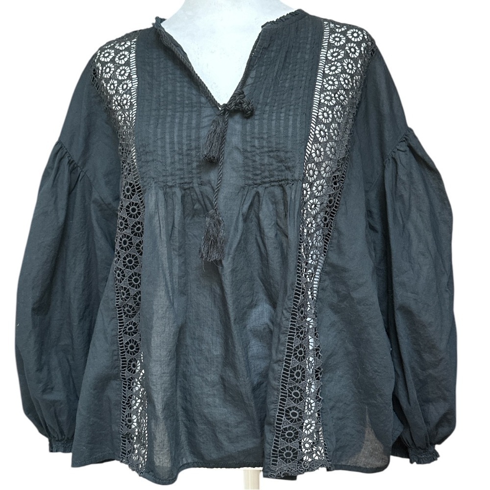 Levis Women’s Peasant Top Black Sheer Boho 3/4 Balloon Sleeve Tassel Tie Lace L